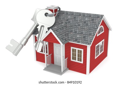 Real Estate Agency. House keys hanging on chimney of a Red House - Powered by Shutterstock