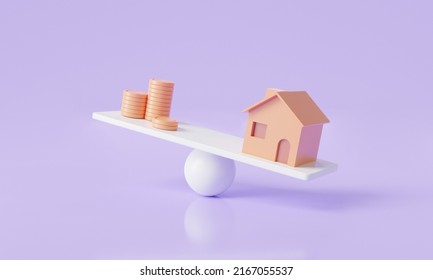 Real estate business mortgage and financial loan concept. Home and coin on on the seesaw. Economic affecting the price of houses. home property investment. house mortgage. 3D rendering illustration