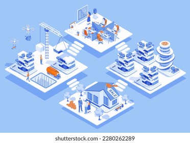 Real estate concept 3d isometric web scene with infographic. People working at construction, sales and mortgage departments, clients buying new houses. Illustration in isometry graphic design - Powered by Shutterstock