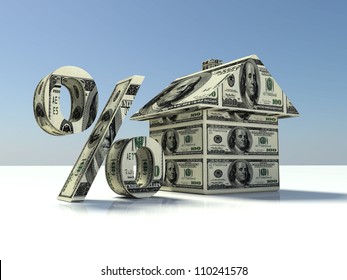 Real Estate Concept With Mini House, Us Dollars And Dollar Sign