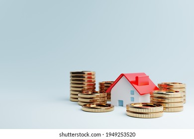 Real Estate House And Golden Coins On Blue Background. Business Mortgage Investment And Financial Loan Concept. Money Saving And Cashflow Theme. 3D Illustration Rendering Graphic Design