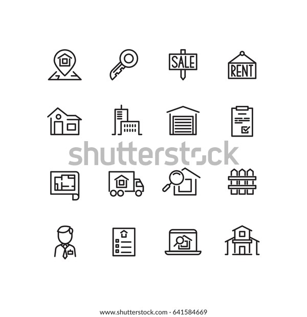 Real estate, house, property for sale,\
search apartment thin line icons. Rent and sale house, architecture\
line house for sell\
illustration
