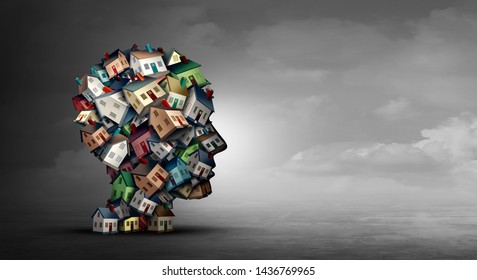 La idea de los bienes raíces como símbolo de agente de la vivienda y la idea del concepto de las tasas hipotecarias como un grupo de casas o casas formadas como un agente principal humano para un préstamo de vivienda como ilustración 3D.