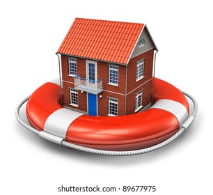 Real Estate Insurance Concept: Residential House In Red Lifesaver Belt Isolated On White Background