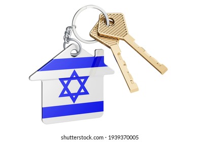 Real estate in Israel. Home keychain with Israeli flag. Property, rent or mortgage concept. 3D rendering isolated on white background