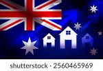 Real estate market of Austrlia going up with arrows and houses, flag waving in the backdrop