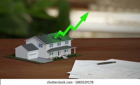 Real Estate Market Boom, Soaring Prices. Fancy Suburban House With Rising Green Arrow. Digital 3D Render.