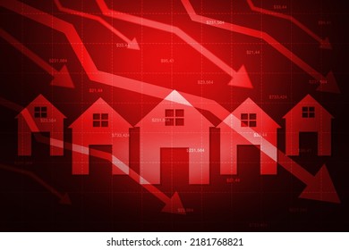 Real Estate Market Crash Concept With Red Homes And Graph Arrows Going Down. Latest Market Crash Backdrop