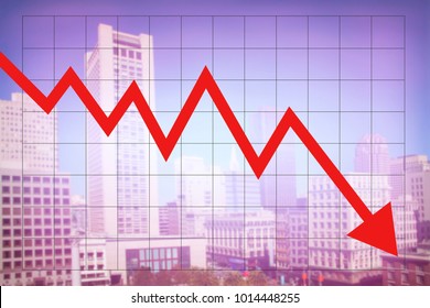 Real Estate Market Economy With Decreasing Graph And Red Arrow Going Down With Colorful Blurred Cityscape Background