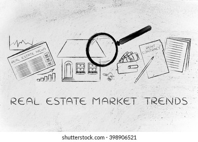 Real Estate Market Trends: Magnifying Glass Analyzing A House, With Sector Newspaper, Stats, Keys, Wallet And Rent Contract