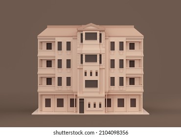 Real Estate Property Highrise, Multi Storey Building, Miniature House Model Flat And Solid Brown Color, 3d Rendering, Nobody