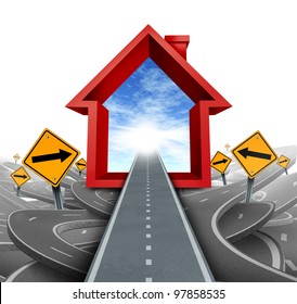 Real estate services and home buyer advice using a mortgage broker or a housing sales agent to help a family navigate the confusing choices as a home icon in red with confused roads and signs.