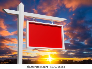 Real Estate Sign Post On Background Of Evening City. Sunset Over Night City. Concept Sign Rental Or Sale Of Real Estate. Real Estate Sign Post Symbolizes Home Selling Business. Red-white 3d Signage