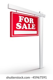 Real Estate Sign - For Sale On White Background. 2D Artwork. Computer Design.