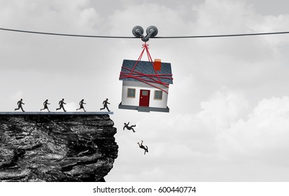 Real Estate Trap And Housing Danger Or The Risk Of Owning A Home Concept As People Being Lead Off A Cliff By A House Or Residential Debt Or Renovation Money Pit With 3D Illustration Elements.