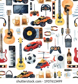 For real men. Watercolor illustration with toys, cars, musical instruments, tools on a seamless pattern. Background texture for fabric, textile, wrapping paper, wallpaper. 