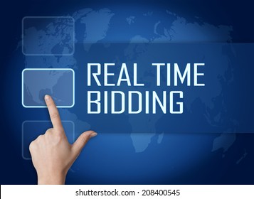 Real Time Bidding concept with interface and world map on blue background