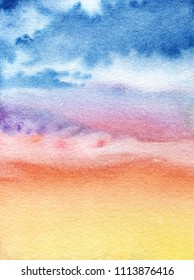 A Real Watercolor Background Of The Sunset Or The Rising Sky. Purple Pink Orange. The Sea Horizon. Painted By Hands.