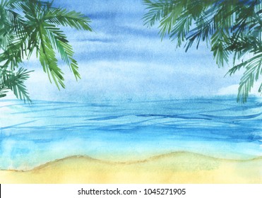 Real watercolor sketchy coastline with green palm trees. Hand drawn landscape background. - Shutterstock ID 1045271905
