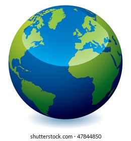 Real World Earth Icon With Blue Oceans And Green Land With Shadow