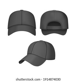 Realistic 3d Black Baseball Cap Set Back Front and Side Views on Light Background. illustration of Fashion Casual Caps