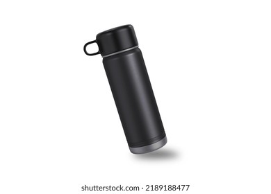 Realistic 3d Black Empty Glossy Metal Vacuum Thermostatic Flask  Mockup Isolated On White Background. 3d Rendering.