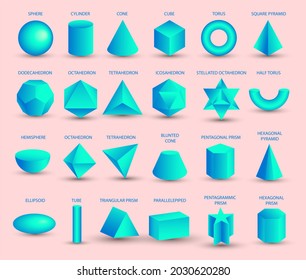 Realistic 3D Blue Geometric Shapes Isolated On Pink Background. Maths Geometrical Figure Form, Realistic Shapes Model. Platon Solid. Geometric Shapes Icons For Education, Business, Design