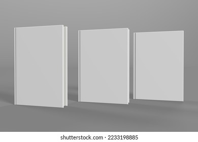 Realistic 3d book mockup illustration with 3 hard covers. Book mockup standing on isolated gray background with shadow. 3 hardcover books.