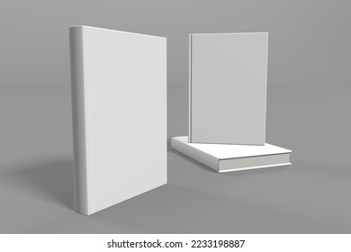 Realistic 3d book mockup illustration with 3 hard covers. Book mockup standing on isolated gray background with shadow. 3 hardcover books.