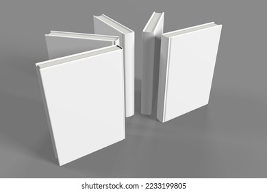 Realistic 3d book mockup illustration with 5 hard covers. Book mockup standing on isolated gray background with shadow. A mockup of 5 hardcover books standing upright, arranged in a circular form.