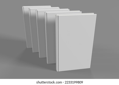 Realistic 3d book mockup illustration with 5 hard covers. Book mockup standing on isolated gray background with shadow. 5 hardcover books.