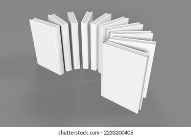 Realistic 3d book mockup illustration with 10 hard covers. Book mockup standing on isolated gray background with shadow. A mockup of 10 hardcover books standing upright, arranged in a circular form.