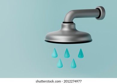 Realistic 3d Detailed Shower Head With Water Drops On Blue Background Close-up. 3d Rendering