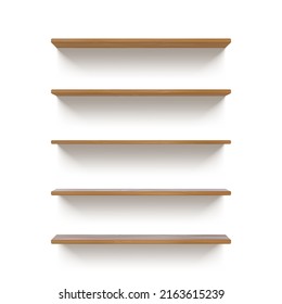 Realistic 3d Empty Wooden Wall Shelves For Book Display. Bookshelf Mockup With Wood Texture. Grocery Market Racks Front View  Template. Retail Store Or Warehouse Furniture Elements