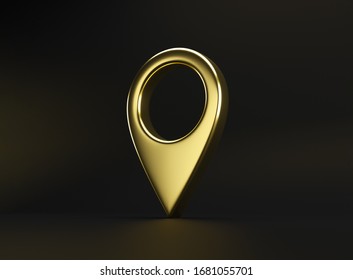 Realistic 3D Golden Location Pin. With On Dark Background