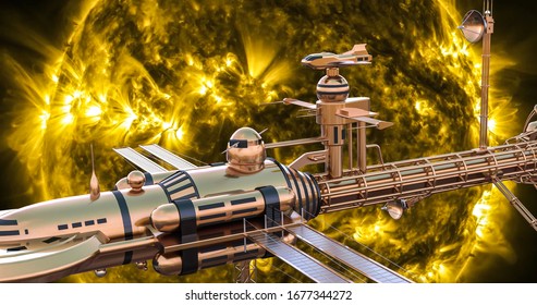 Realistic 3D Illustration. Big Futuristic Interstellar Spaceship Flying To The Explosions Of The Sun. Universe Military Aircraft. Burning Sun Surface With Solar Flares. Science And Space Background.