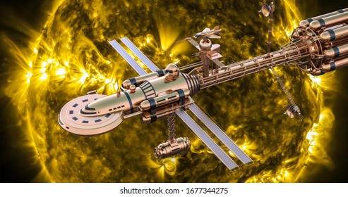 Realistic 3D Illustration. Big Futuristic Interstellar Spaceship Flying To The Explosions Of The Sun. Universe Military Aircraft. Burning Sun Surface With Solar Flares. Science And Space Background.