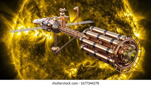 Realistic 3D Illustration. Big Futuristic Interstellar Spaceship Flying To The Explosions Of The Sun. Universe Military Aircraft. Burning Sun Surface With Solar Flares. Science And Space Background.