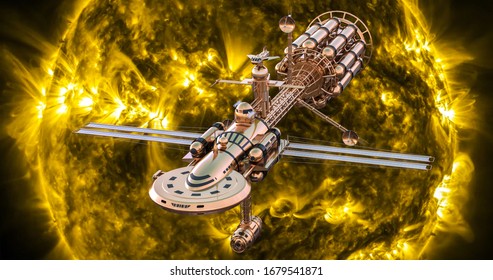 Realistic 3D Illustration. Big Futuristic Spaceship Flying To The Explosions Of The Sun. Space Military Aircraft. Burning Sun Surface With Solar Flares. Science And Space Background.