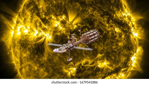 Realistic 3D Illustration. Big Futuristic Spaceship Flying To The Explosions Of The Sun. Space Military Aircraft. Burning Sun Surface With Solar Flares. Science And Space Background.