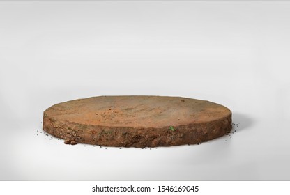 Realistic 3D Illustration Circle Soil Ground Cross Section With Earth Land On White, 3D Rendering Round Cutaway Terrain Floor With Rock Isolated