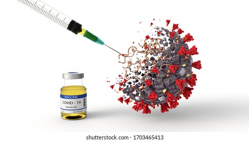 Realistic 3D Illustration Of COVID-19 Vaccine. Corona Virus SARS CoV 2, 2019 NCoV Virus Destruction.  A Vaccin Against Coronavirus Disease 2019. Breakthrough In The Creating Of A COVID-19 Vaccine.