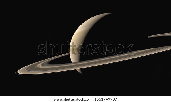Realistic 3D illustration of giant planet Saturn\
with beautiful rings. Contrast shadow of the rings falls on the\
surface of Saturn. Light illuminating the planet\'s surface,\
atmosphere and bright\
rings