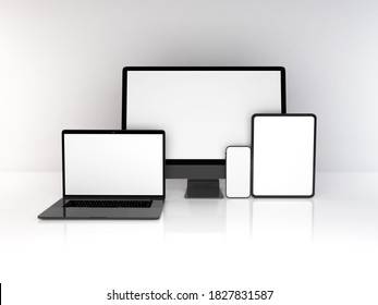 Realistic 3D Illustration Of Multiple Electronic Devices In White Background