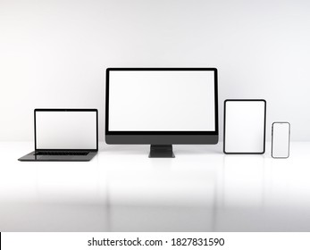 Realistic 3D Illustration Of Multiple Electronic Devices In White Background