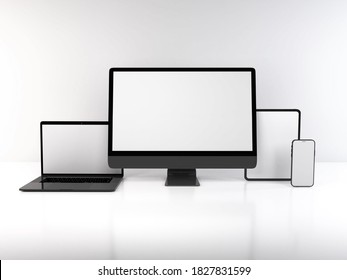 Realistic 3D Illustration Of Multiple Electronic Devices In White Background