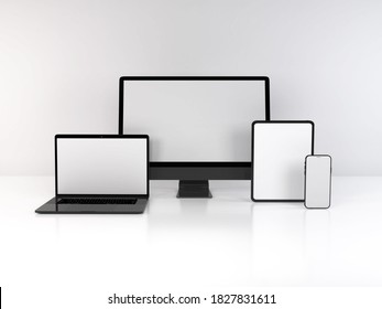 Realistic 3D Illustration Of Multiple Electronic Devices In White Background