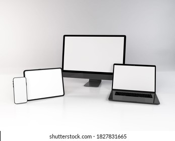 Realistic 3D Illustration Of Multiple Electronic Devices In White Background