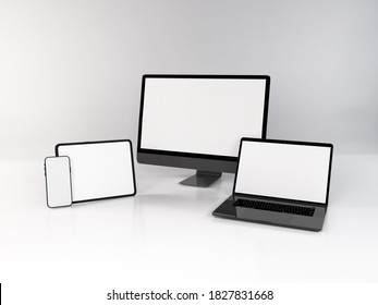 Realistic 3D Illustration Of Multiple Electronic Devices In White Background