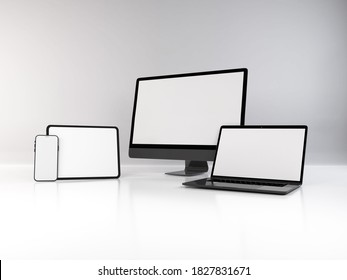 Realistic 3D Illustration Of Multiple Electronic Devices In White Background